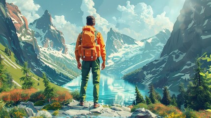 Travel and Tourism: A 3D vector illustration of a traveler with a backpack exploring a scenic landscape - obrazy, fototapety, plakaty