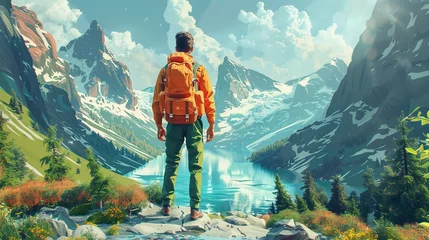 Foto op Aluminium Travel and Tourism: A 3D vector illustration of a traveler with a backpack exploring a scenic landscape © MAY