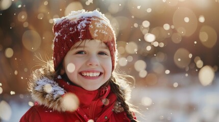 Girl in red coat and hat smiles in snow