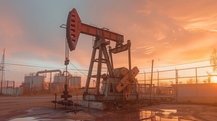 Fototapeta na wymiar Old crude oil pumpjack rig on desert silhouette in evening sunset, energy industrial machine for petroleum gas production background.