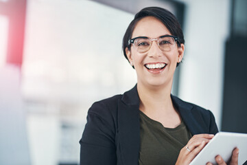 Woman, tablet and office in portrait with smile in confidence for editor job with tech. Female person, workplace and analytics with notepad in company for business with pride, digital and career