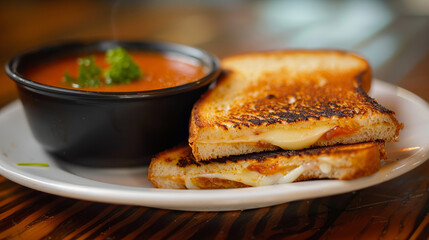 A plate of grilled cheese sandwich and tomato soup