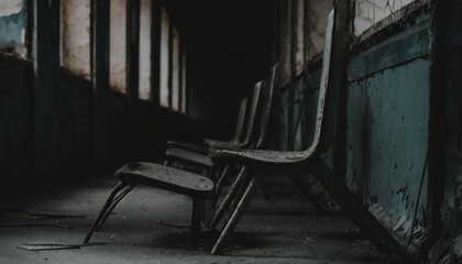 old broken chairs in an abandoned school