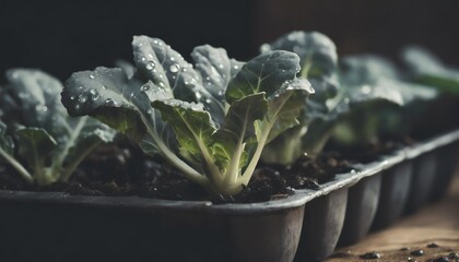 vegetable garden for healthy chinese kale in seedling tray after watering