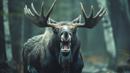 Angry elk at the edge of the forest.