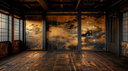 Fototapeta premium vintage Japanese room, background. Traditional high class Japanese style room with gold back style painting walls. Hand-edited. 