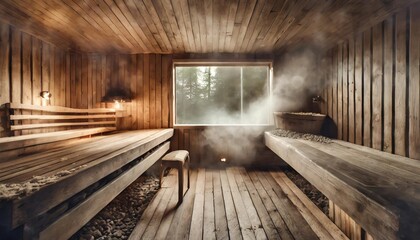 front view of empty finnish sauna room modern interior of wooden spa cabin with dry steam