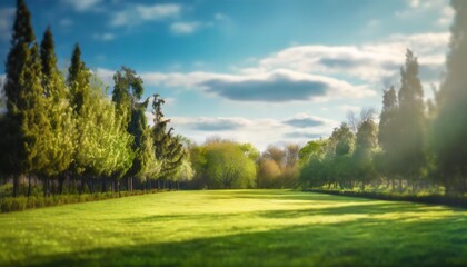 beautiful blurred background image of spring nature with a neatly trimmed lawn surrounded by trees against a blue sky with clouds on a bright sunny day