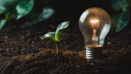 a light bulb is glowing in the dirt next to a plant concept of growth and life as the light bulb represents the potential for new growth