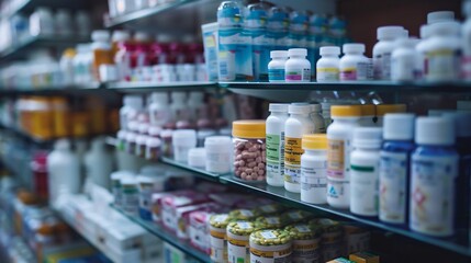 Pharmacy Counter Display: Assorted Prescription Medications in Close-Up