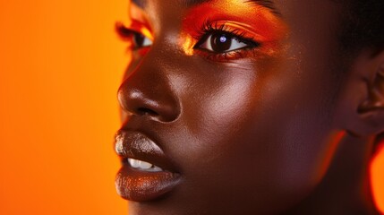 A vibrant orange-toned image showcasing impeccable skin and ample room for text.