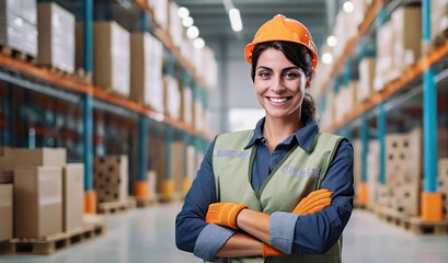 Candid portrait of a female caucasian warehouse worker with store shelves full of boxes in the background.