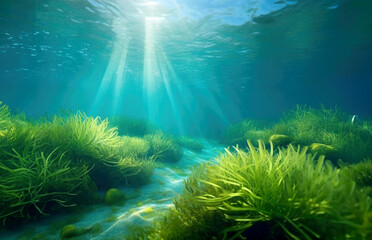 Underwater seascape with green aquatic algae on the ocean floor with natural sunlight.