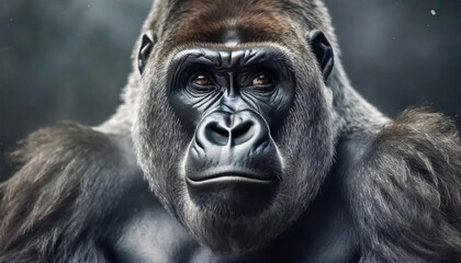 Close up headshot portrait of a Slverback mountain gorilla.