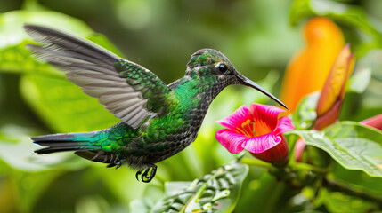 Hummingbird in flight sipping nectar from bloom