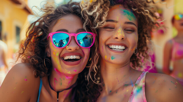 Cheerful friends lesbian girls at the festival of colors Holi
