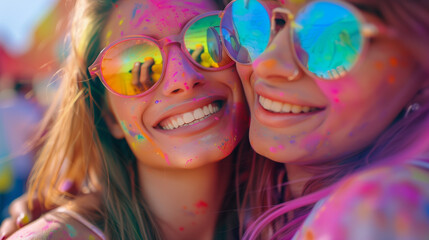 Cheerful friends lesbian girls at the festival of colors Holi