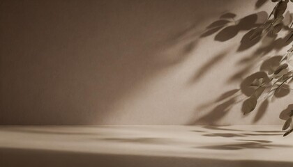 empty brown beige cream room studio with sunlight effect shadow of leaves minimal background for...