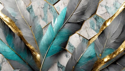 artistic 3d wallpaper blue turquoise feathers grey marble wood hexagon tiles with white gold black seams illustration detailed and textured