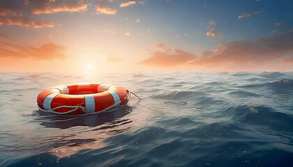 Lifebouy floating over the sea at sunset or sunrise. Assistance, insurance, help, safety and rescue concepts. - obrazy, fototapety, plakaty