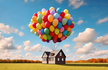 Moving house or house relocation concept with residential house ready to be lifted off by helium balloons.