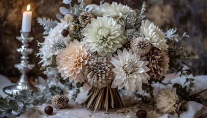 Fototapeta na wymiar wedding bouquet with dahlias and dusty miller sage silver ivory cranberries 2024 wedding trends