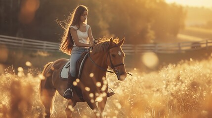 Improving psychological mental health through interaction with animals. A girl in casual clothes with long hair riding a horse in a field among the grass is illuminated by golden sunlight - obrazy, fototapety, plakaty
