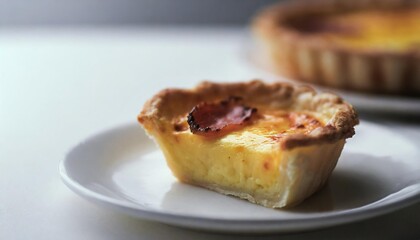 quiche lorraine pie with beechwood smoked bacon creamy cheddar cheese and free range egg in shortcrust pastry on a white plate and modern white background banner with copy space