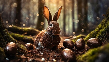 easter bunny with chocolate eggs in a mysterious forest generative ai