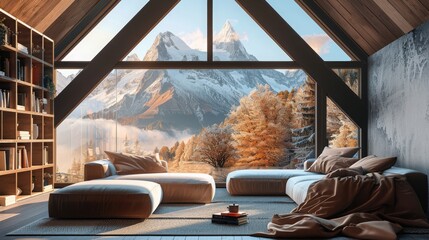 Sofa against gray wall with rustic shelves. Scandinavian home interior design of modern living room in the attic of a mountain villa in the Alps.