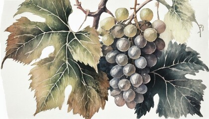 grapevine and grapes hand drawing on white wine leaves and bunch of grapes retro decorative...