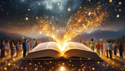 people stand around an open book and worship it golden sparks fly out of the book religion and...