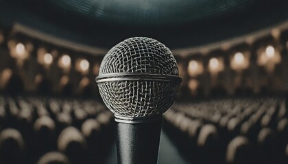 a microphone in front of an audience comedy music and theater live performance generative ai...