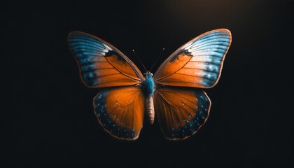 very beautiful blue orange butterfly in flight isolated on a transparent background