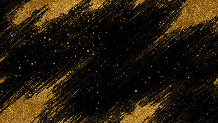 Strokes with Golden Paint Brush on Black Paper.Abstract gold dust background, Glitter On Black Background,Gold Paint Glittering Textured