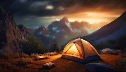 sunset and wild image of a one tent camping in an amazing outdoors quiet place - obrazy, fototapety, plakaty