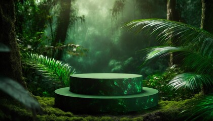 dark green podium in tropical forest for product presentation and green background