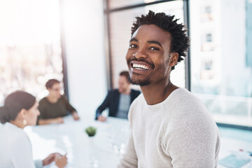 African man, smile and portrait in coworking space for career meeting and creative projects in company. Male editor or professional person with colleagues for teamwork and collaboration on mockup - obrazy, fototapety, plakaty