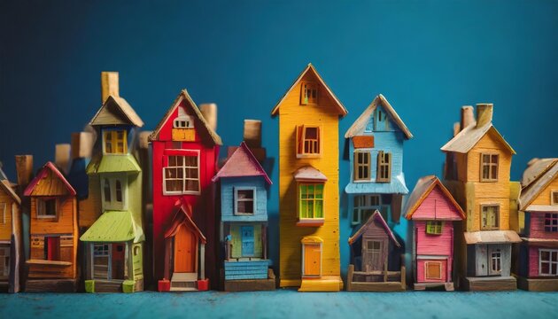 row of wooden miniature colorful retro houses on blue solid background