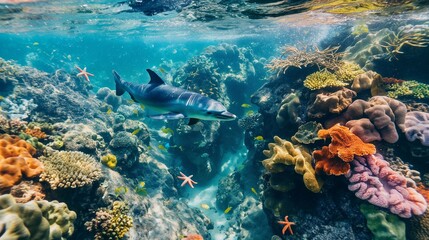A dolphin swims among colorful coral reefs. the underwater world of the ocean positively surprises and attracts many tourists to enjoy the incredible sea views