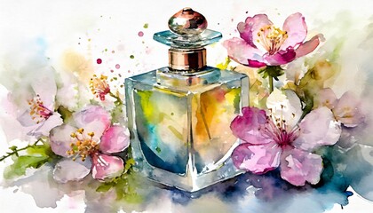 Obraz na płótnie Canvas watercolor perfume bottle with flowers hand painted illustration isolated on white background