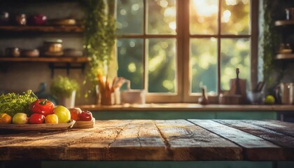 the kitchen summer window background is blurred serving as the backdrop for a bleached wooden table...