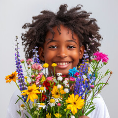 Happy, smiling kid with bunch of colorful flowers for mothers day or birthday celebration. White background, Isolated. Square frame.