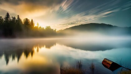 misty sunrise over calm lake - obrazy, fototapety, plakaty