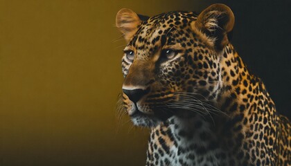 curious leopard on a solid yellow background with copy space