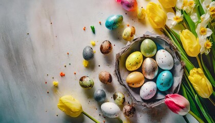 top view of mockup with free space easter quail colorful eggs and springtime flowers as tulips and daffodils over white background spring holidays concept with copy space generative ai