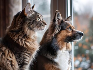 A Cat and Dog Sitting Side by Side Gazing out a Window and Showcasing the Harmony Between Different Species