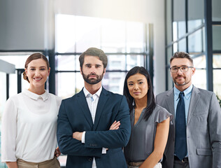 Portrait, team and diversity in office for leadership with proud collaboration, serious and...