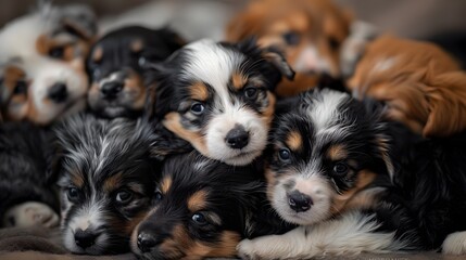 Adorable Puppy Litter Huddled Together for Warmth Close Up Details of Soft Furry Faces and Textures