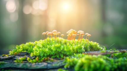 Close-up, nature textures, bright green colors of fresh grass, moss. Foggy natural background, dewy morning. Shallow depth of field. Banner. - obrazy, fototapety, plakaty
